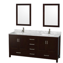 Sheffield 72 Inch Double Bathroom Vanity in Espresso, White Carrara Marble Countertop, Undermount Square Sinks, and 24 Inch Mirrors