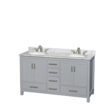Sheffield 60 Inch Double Bathroom Vanity in Gray, White Carrara Marble Countertop, Undermount Oval Sinks, and No Mirror