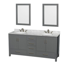 Sheffield 72 Inch Double Bathroom Vanity in Dark Gray, White Carrara Marble Countertop, Undermount Oval Sinks, and 24 Inch Mirrors