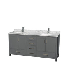 Sheffield 72 Inch Double Bathroom Vanity in Dark Gray, White Carrara Marble Countertop, Undermount Square Sinks, and No Mirror