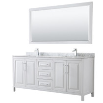 Daria 80 Inch Double Bathroom Vanity in White, White Carrara Marble Countertop, Undermount Square Sinks, and 70 Inch Mirror