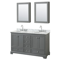 Deborah 60 Inch Double Bathroom Vanity in Dark Gray, White Carrara Marble Countertop, Undermount Oval Sinks, and Medicine Cabinets