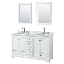Deborah 60 Inch Double Bathroom Vanity in White, White Carrara Marble Countertop, Undermount Oval Sinks, and 24 Inch Mirrors