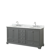 Deborah 72 Inch Double Bathroom Vanity in Dark Gray, White Carrara Marble Countertop, Undermount Oval Sinks, and No Mirrors