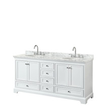 Deborah 72 Inch Double Bathroom Vanity in White, White Carrara Marble Countertop, Undermount Oval Sinks, and No Mirrors