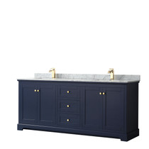 Avery 80 Inch Double Bathroom Vanity in Dark Blue, White Carrara Marble Countertop, Undermount Square Sinks, and No Mirror