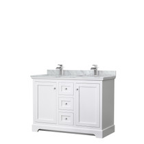 Avery 48 Inch Double Bathroom Vanity in White, White Carrara Marble Countertop, Undermount Square Sinks, No Mirror