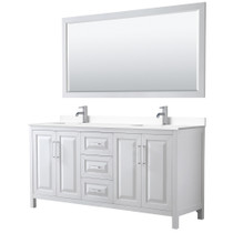Daria 72 Inch Double Bathroom Vanity in White, White Cultured Marble Countertop, Undermount Square Sinks, 70 Inch Mirror