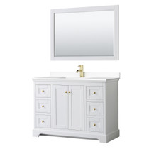 Avery 48 Inch Single Bathroom Vanity in White, White Cultured Marble Countertop, Undermount Square Sink, 46 Inch Mirror, Brushed Gold Trim