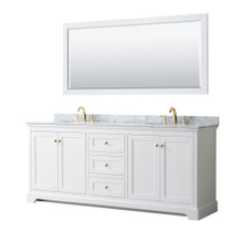 Avery 80 Inch Double Bathroom Vanity in White, White Carrara Marble Countertop, Undermount Oval Sinks, 70 Inch Mirror, Brushed Gold Trim