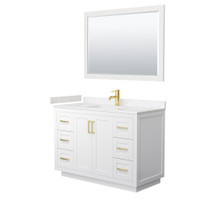 Miranda 48 Inch Single Bathroom Vanity in White, Carrara Cultured Marble Countertop, Undermount Square Sink, Brushed Gold Trim, 46 Inch Mirror