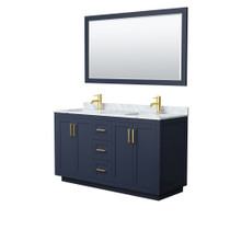 Miranda 60 Inch Double Bathroom Vanity in Dark Blue, White Carrara Marble Countertop, Undermount Square Sinks, Brushed Gold Trim, 58 Inch Mirror