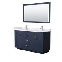 Miranda 60 Inch Double Bathroom Vanity in Dark Blue, White Cultured Marble Countertop, Undermount Square Sinks, Brushed Nickel Trim, 58 Inch Mirror
