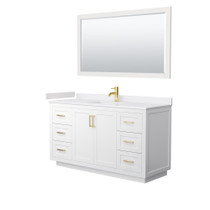 Miranda 60 Inch Single Bathroom Vanity in White, White Cultured Marble Countertop, Undermount Square Sink, Brushed Gold Trim, 58 Inch Mirror