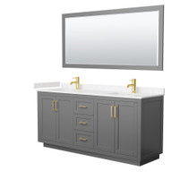 Miranda 72 Inch Double Bathroom Vanity in Dark Gray, Carrara Cultured Marble Countertop, Undermount Square Sinks, Brushed Gold Trim, 70 Inch Mirror