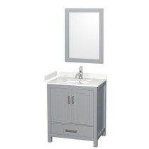 Sheffield 30 Inch Single Bathroom Vanity in Gray, Carrara Cultured Marble Countertop, Undermount Square Sink, 24 Inch Mirror