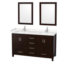 Sheffield 60 Inch Double Bathroom Vanity in Espresso, Carrara Cultured Marble Countertop, Undermount Square Sinks, 24 Inch Mirrors