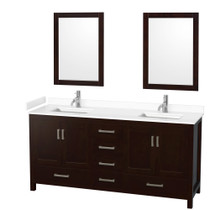Sheffield 72 Inch Double Bathroom Vanity in Espresso, White Cultured Marble Countertop, Undermount Square Sinks, 24 Inch Mirrors