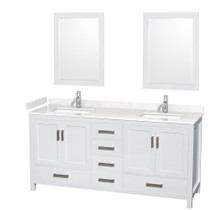 Sheffield 72 Inch Double Bathroom Vanity in White, Carrara Cultured Marble Countertop, Undermount Square Sinks, 24 Inch Mirrors
