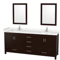 Sheffield 80 Inch Double Bathroom Vanity in Espresso, Carrara Cultured Marble Countertop, Undermount Square Sinks, 24 Inch Mirrors