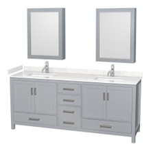 Sheffield 80 Inch Double Bathroom Vanity in Gray, Carrara Cultured Marble Countertop, Undermount Square Sinks, Medicine Cabinets
