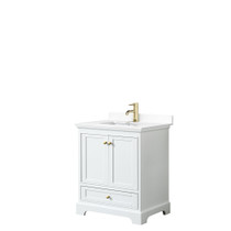 Deborah 30 Inch Single Bathroom Vanity in White, White Cultured Marble Countertop, Undermount Square Sink, Brushed Gold Trim, No Mirror