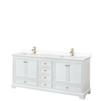 Deborah 80 Inch Double Bathroom Vanity in White, White Cultured Marble Countertop, Undermount Square Sinks, Brushed Gold Trim, No Mirrors