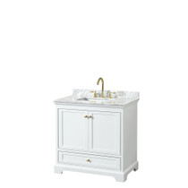 Deborah 36 Inch Single Bathroom Vanity in White, White Carrara Marble Countertop, Undermount Square Sink, Brushed Gold Trim, No Mirror