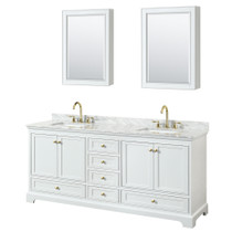 Deborah 80 Inch Double Bathroom Vanity in White, White Carrara Marble Countertop, Undermount Square Sinks, Brushed Gold Trim, Medicine Cabinets