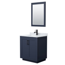 Miranda 30 Inch Single Bathroom Vanity in Dark Blue, White Carrara Marble Countertop, Undermount Square Sink, Matte Black Trim, 24 Inch Mirror