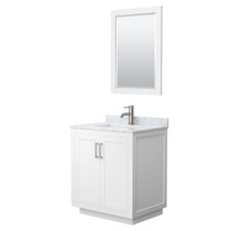 Miranda 30 Inch Single Bathroom Vanity in White, White Carrara Marble Countertop, Undermount Square Sink, Brushed Nickel Trim, 24 Inch Mirror
