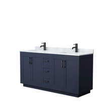 Miranda 66 Inch Double Bathroom Vanity in Dark Blue, White Carrara Marble Countertop, Undermount Square Sinks, Matte Black Trim