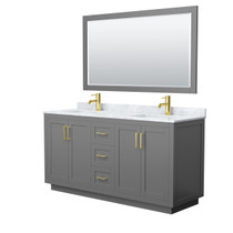 Miranda 66 Inch Double Bathroom Vanity in Dark Gray, White Carrara Marble Countertop, Undermount Square Sinks, Brushed Gold Trim, 58 Inch Mirror