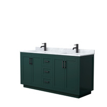 Miranda 66 Inch Double Bathroom Vanity in Green, White Carrara Marble Countertop, Undermount Square Sinks, Matte Black Trim