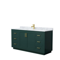 Miranda 66 Inch Single Bathroom Vanity in Green, White Carrara Marble Countertop, Undermount Square Sink, Brushed Gold Trim