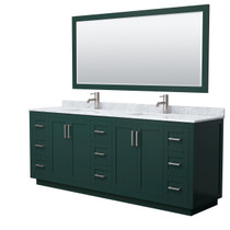 Miranda 84 Inch Double Bathroom Vanity in Green, White Carrara Marble Countertop, Undermount Square Sinks, Brushed Nickel Trim, 70 Inch Mirror