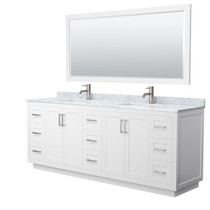 Miranda 84 Inch Double Bathroom Vanity in White, White Carrara Marble Countertop, Undermount Square Sinks, Brushed Nickel Trim, 70 Inch Mirror