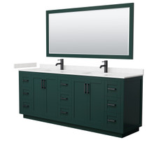Miranda 84 Inch Double Bathroom Vanity in Green, Carrara Cultured Marble Countertop, Undermount Square Sinks, Matte Black Trim, 70 Inch Mirror