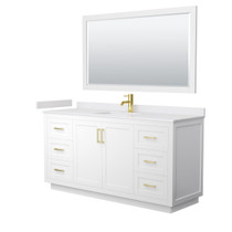 Miranda 66 Inch Single Bathroom Vanity in White, White Cultured Marble Countertop, Undermount Square Sink, Brushed Gold Trim, 58 Inch Mirror