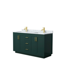 Miranda 60 Inch Double Bathroom Vanity in Green, White Carrara Marble Countertop, Undermount Square Sinks, Brushed Gold Trim