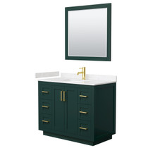 Miranda 42 Inch Single Bathroom Vanity in Green, Carrara Cultured Marble Countertop, Undermount Square Sink, Brushed Gold Trim, 34 Inch Mirror