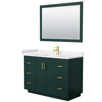Miranda 48 Inch Single Bathroom Vanity in Green, Carrara Cultured Marble Countertop, Undermount Square Sink, Brushed Gold Trim, 46 Inch Mirror