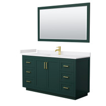 Miranda 60 Inch Single Bathroom Vanity in Green, White Cultured Marble Countertop, Undermount Square Sink, Brushed Gold Trim, 58 Inch Mirror