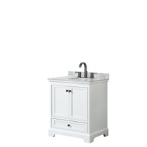Deborah 30 Inch Single Bathroom Vanity in White, White Carrara Marble Countertop, Undermount Oval Sink, Matte Black Trim