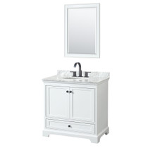 Deborah 36 Inch Single Bathroom Vanity in White, White Carrara Marble Countertop, Undermount Oval Sink, Matte Black Trim, 24 Inch Mirror