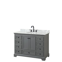 Deborah 48 Inch Single Bathroom Vanity in Dark Gray, White Carrara Marble Countertop, Undermount Oval Sink, Matte Black Trim