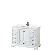 Deborah 48 Inch Single Bathroom Vanity in White, Carrara Cultured Marble Countertop, Undermount Square Sink, Matte Black Trim