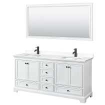 Deborah 72 Inch Double Bathroom Vanity in White, White Cultured Marble Countertop, Undermount Square Sinks, Matte Black Trim, 70 Inch Mirror