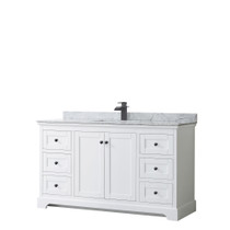 Avery 60 Inch Single Bathroom Vanity in White, White Carrara Marble Countertop, Undermount Square Sink, Matte Black Trim