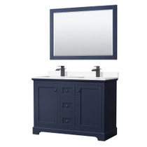 Avery 48 Inch Double Bathroom Vanity in Dark Blue, White Cultured Marble Countertop, Undermount Square Sinks, Matte Black Trim, 46 Inch Mirror